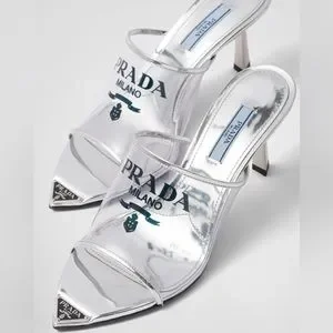 PRADA☆Logo-print Plexiglas high-heel slides☆ミュール☆送込 PRADA☆Logo-print Plexiglas high-heel slides☆ミュール☆送込